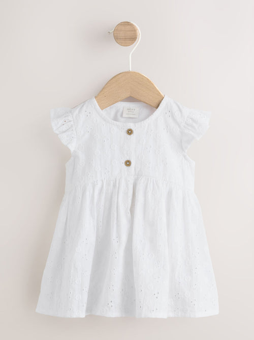 White Broiderie Woven Baby Dress With Intergrated Bodysuit (0mths-2yrs)