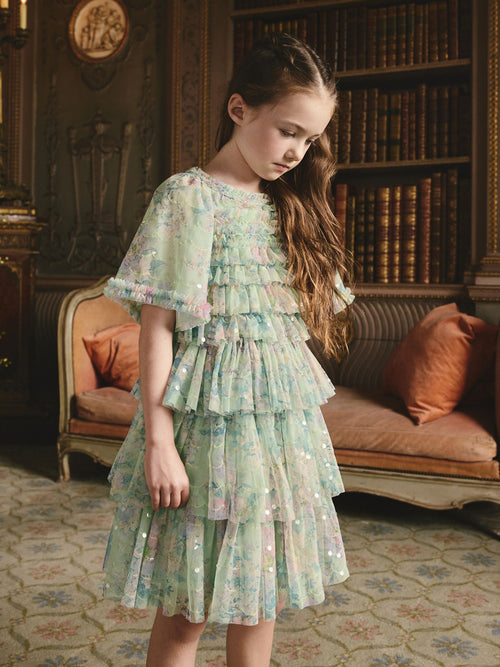 Mint Green Floral Sequin Ruffle Mesh Occasion Dress (3-16yrs)