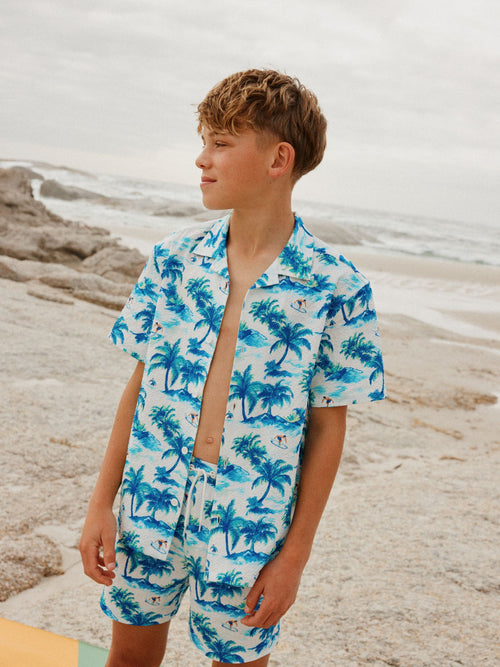 Light Blue Palm Swim Shorts and Shirt Set (3-16yrs)