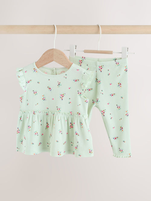 Sage Green Flower Rib Top and Leggings Baby Set 2 Piece (0mths-2yrs)