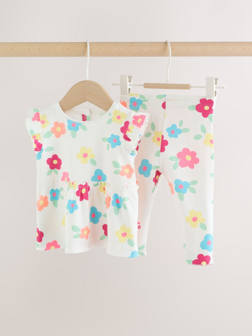 White Flower Rib Top and Leggings Baby Set 2 Piece (0mths-2yrs)