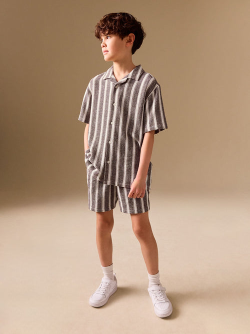 Chocolate Brown Short Sleeve Textured Stripe Shirt and Shorts Set (3-16yrs)