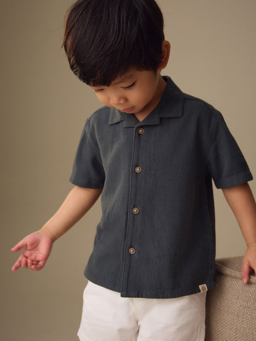 Charcoal Grey Short Sleeves Linen Blend Revere Collar Shirt (3mths-7yrs)