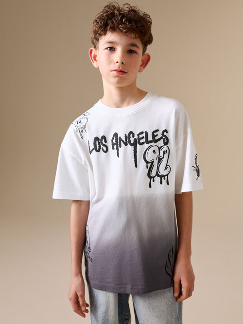 Grey/White Dip Dye Graffiti Short Sleeve Graphic T-Shirt (3-16yrs)