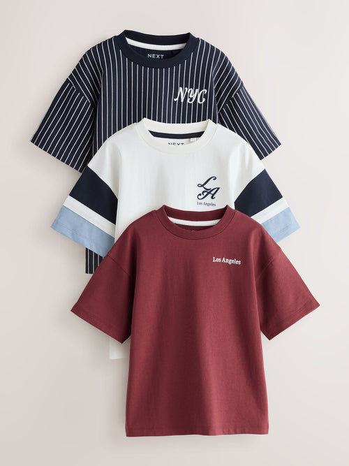 Berry/Ecru/Navy Stripe Relaxed Fit Graphic Print Short Sleeve T-Shirts 3 Pack (3-16yrs)