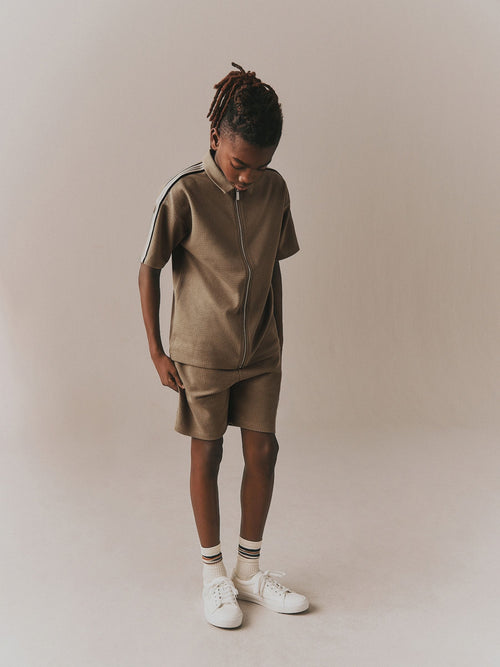 Tan Brown Short Sleeve Zip Up Polo Shirt & Shorts Set (3-16yrs)