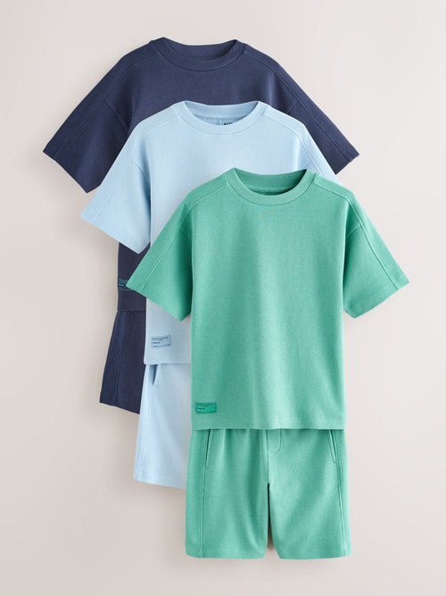 Light Blue/Navy/Green Short Sleeve T-Shirt and Shorts Set 3 Pack (3-16yrs)