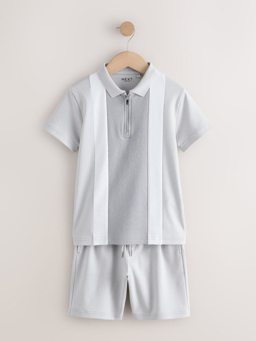 Grey and White Colourblock Short Sleeve Polo Shirt and Shorts Set (3-16yrs)