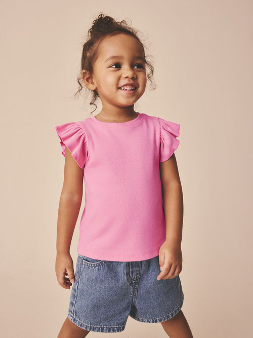 Bright Pink Frill Shoulder Ribbed Vest (3mths-7yrs)