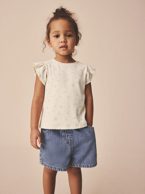 Ecru White Ditsy Floral Frill Shoulder Ribbed Vest (3mths-7yrs)