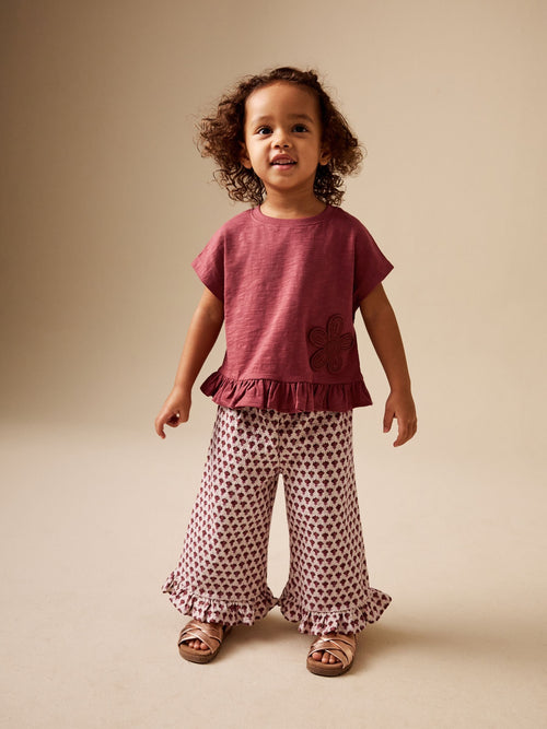 Red/Brown Flower Wide Leg Trousers Set (3mths-7yrs)
