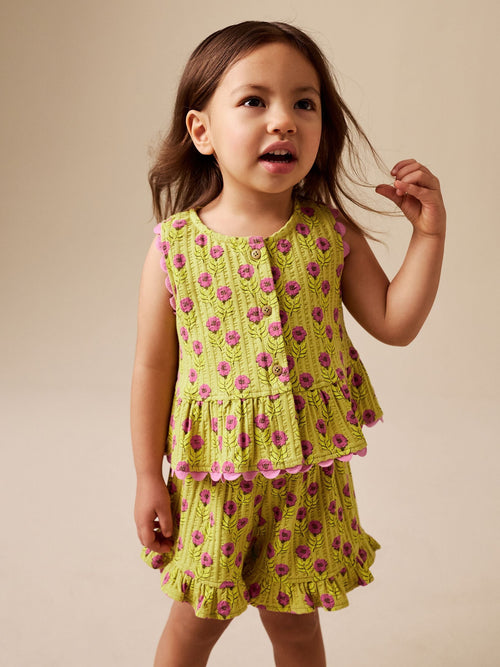 Green/Pink Flower Peplum Vest and Shorts Set (3mths-7yrs)