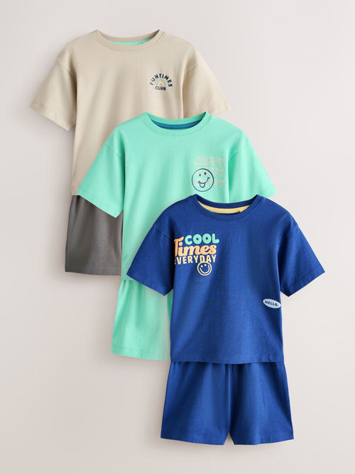 Blue/Stone/Mint Good Times Short Pyjamas 3 Pack (9mths-10yrs)