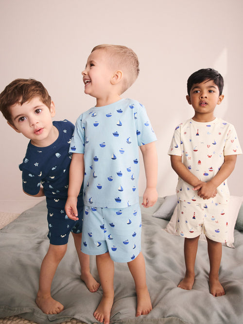 Blue/Ecru Mini Sailor Print Short Pyjamas 3 Pack (9mths-8yrs)