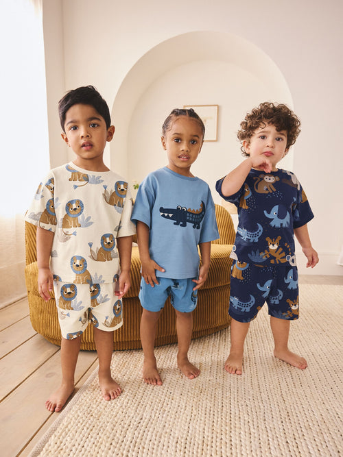Blue/Ecru Safari Animal Short Pyjamas 3 Pack (9mths-8yrs)
