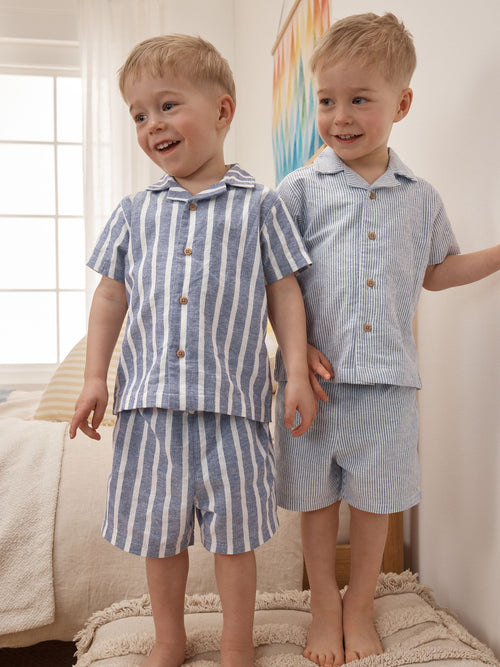 Blue/White Stripe Short Button Through Pyjamas 2 Pack (9mths-8yrs)