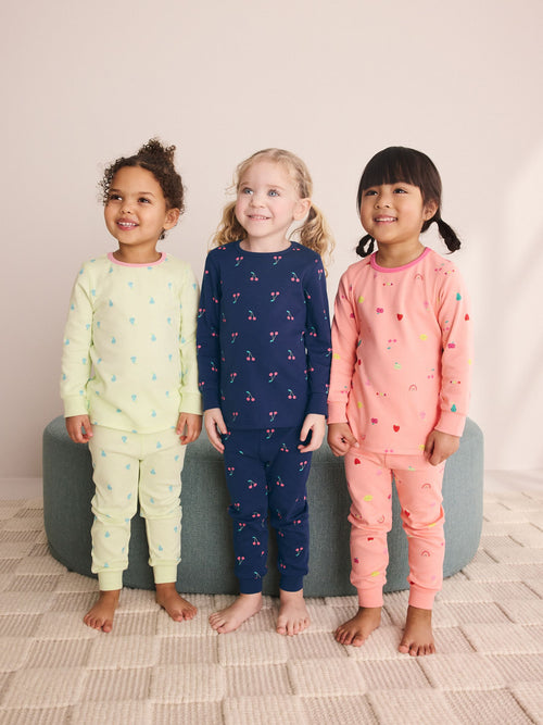 Multi Orange/ Navy/ Green Mini Fruit Print Snuggle Pyjamas 3 Pack (9mths-12yrs)