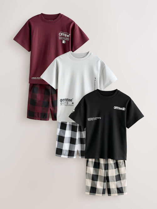 Black/White/Red Check Woven Short Pyjamas 3 Pack (3-16yrs)