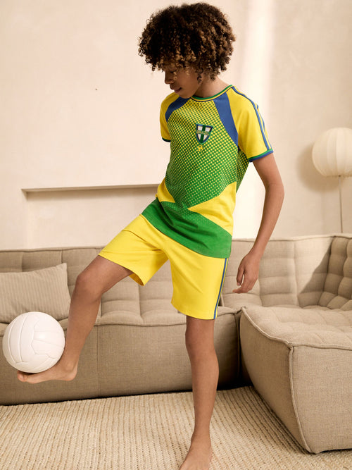 Green/Yellow Brazil Single Short Football Pyjamas (4-14yrs)