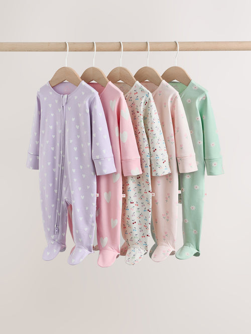 Pastel Two Way Zip Baby Sleepsuits 5 Pack (0-2yrs)
