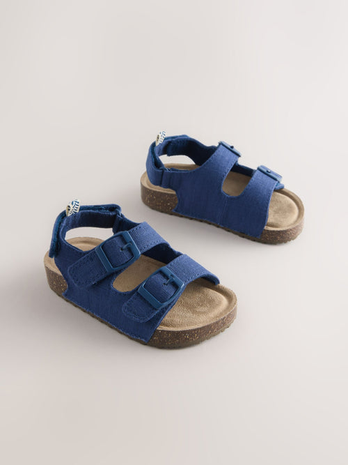 Navy Linen Standard Fit (F) Double Buckle Cushioned Footbed Sandals