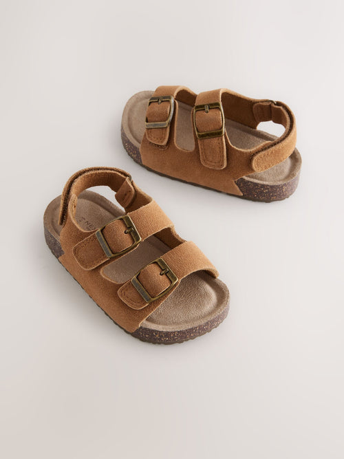 Tan Leather Standard Fit (F) Double Buckle Cushioned Footbed Sandals