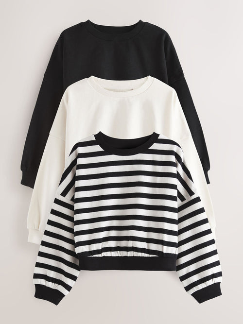 Black/White Boxy Long Sleeve 100% Cotton Sweat Tops 3 Pack (3-16yrs)