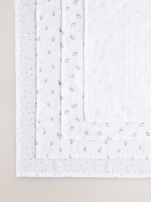 White Delicate Animal Baby Muslins Cloths 4 Pack
