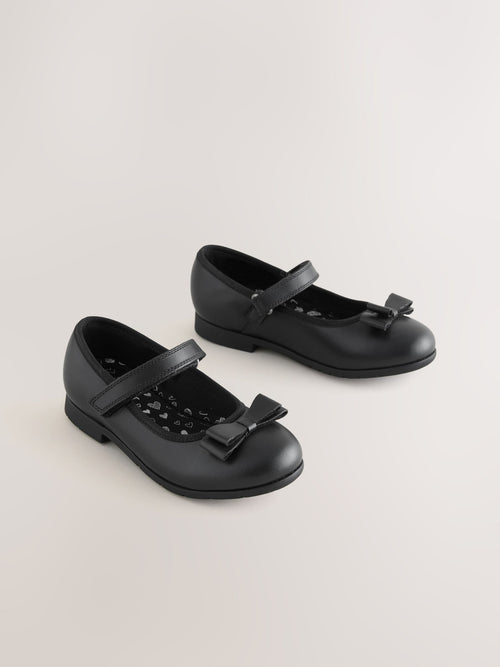Black Matt Wide Fit (G) School Leather Bow Mary Jane Shoes