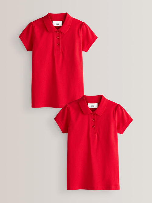Red Regular Fit Girls 2 Pack Cotton Short Sleeve Polo Shirts (3-16yrs)