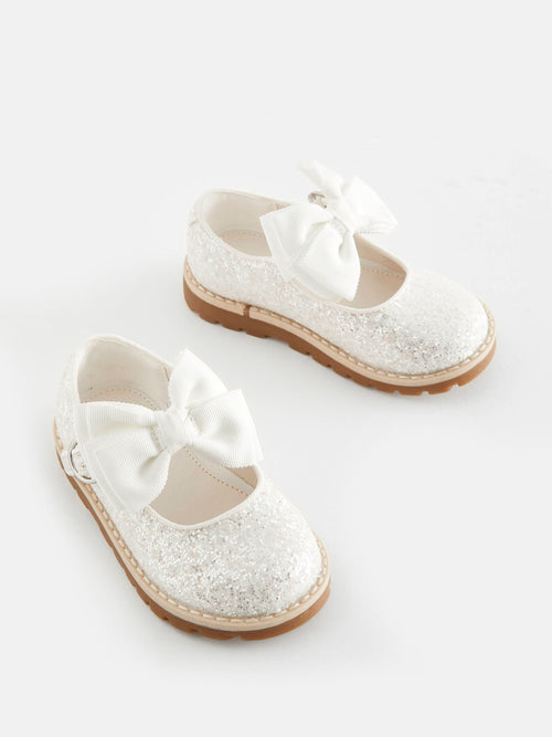 White Glitter Bow Standard Fit (F) Chunky Bow Mary Jane Shoes