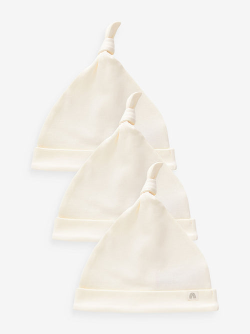 Cream 100% Cotton Tie Top Baby Hats 3 Pack (0-12mths)