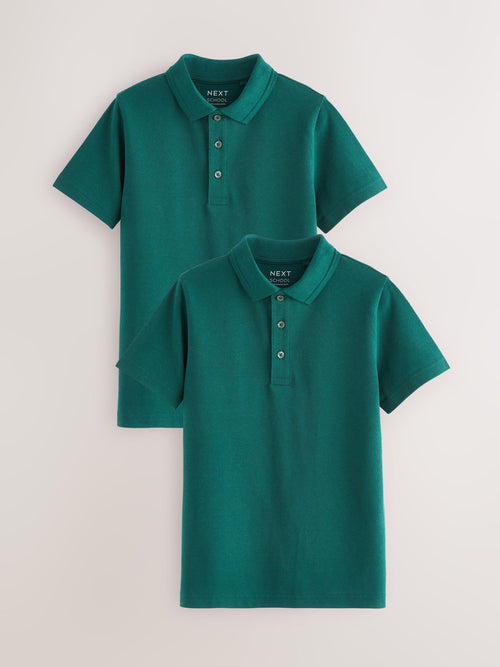 Dark Green Regular Fit Cotton School Short Sleeve Polo Shirts 2 Pack (3-16yrs)