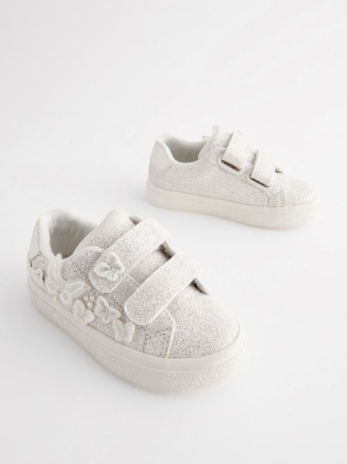 White Glitter Standard Fit (F) Butterfly Touch Fasten Strap Trainers