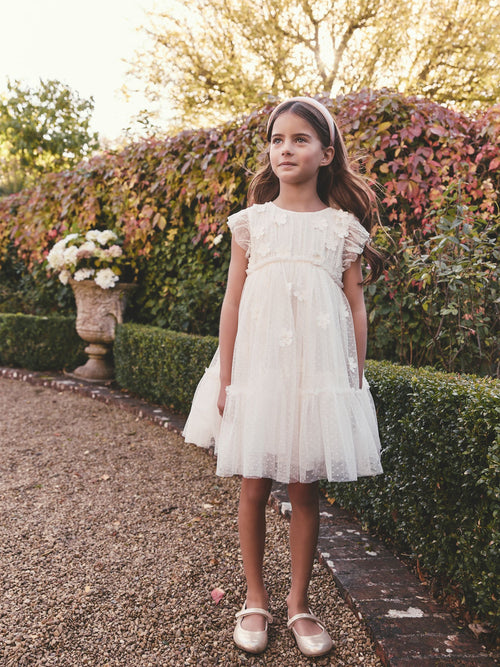 Ecru White 3D Flower Mesh Flower Girl Dress (3-16yrs)