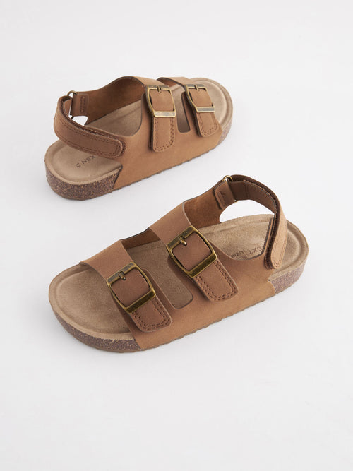 Tan Brown Standard Fit (F) Double Buckle Cushioned Footbed Sandals