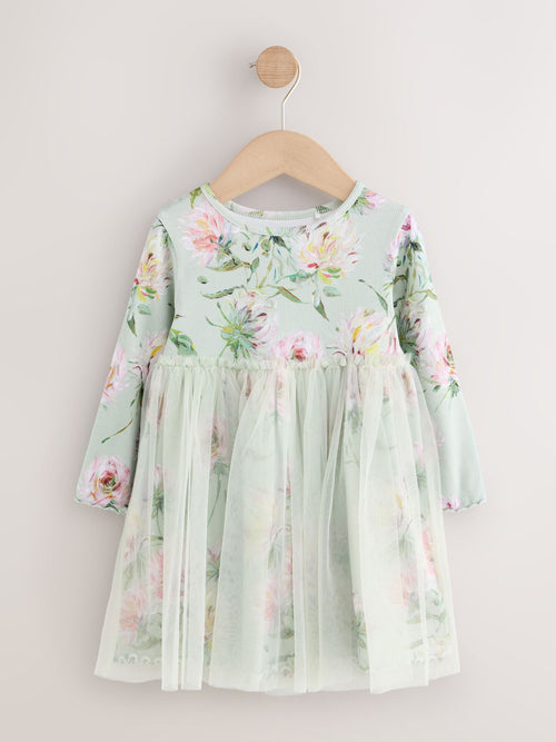 Green Long Sleeve Ribbed Mesh Dress (3mths-7yrs)
