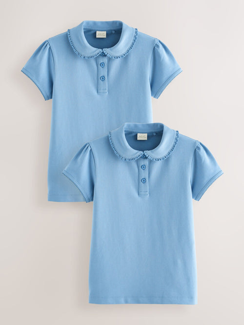 Blue Girls Cotton Stretch Frill Collar School Polo Tops 2 Pack (3-16yrs)