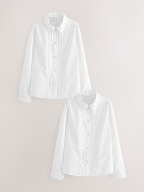 White Girls Long Sleeve Lace Trim School Blouses 2 Pack (3-14yrs)