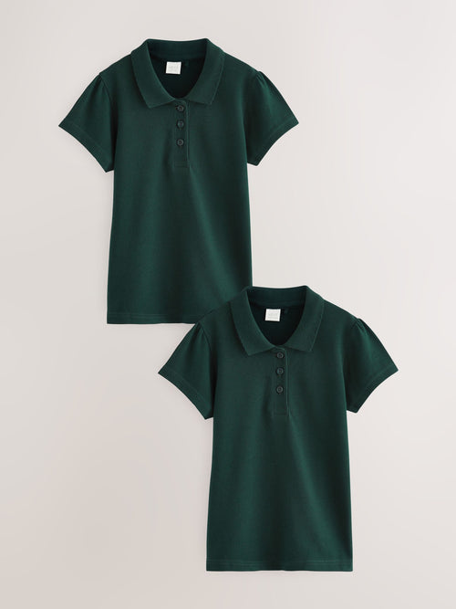 Green Regular Fit Girls 2 Pack Cotton Short Sleeve Polo Shirts (3-16yrs)