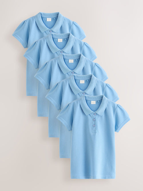 Blue Regular Fit Girls 5 Pack 100% Cotton Short Sleeve Polo Shirts (3-16yrs)