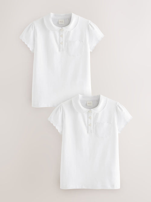 White Girls Cotton Rich Scallop Collar School Polo Tops 2 Pack (3-16yrs)