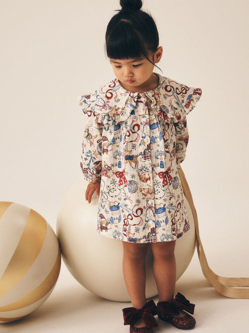 Cream Christmas Santa Bear Long Sleeve Collar Dress (3mths-7yrs)