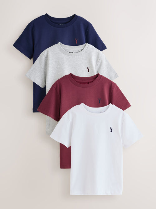 Burgundy Red/White Short Sleeve Stag Embroidered T-Shirts 4 Pack (3-16yrs)