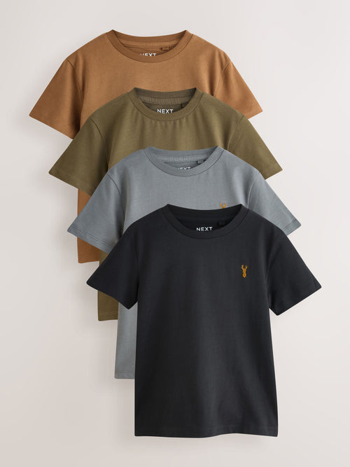 Grey/Black/Khaki Green/Tan Brown Short Sleeve Stag Embroidered T-Shirts 4 Pack (3-16yrs)