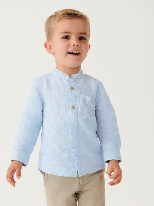 Blue Grandad Collar Linen Mix Shirt (3mths-7yrs)