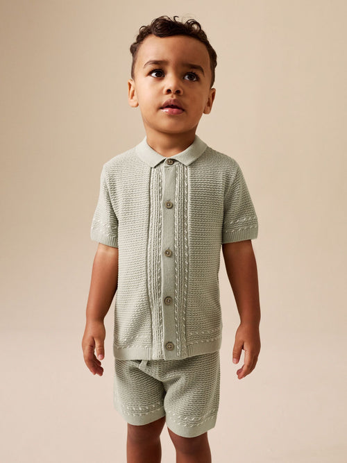 Sage Green Textured Knitted Button Through Polo Shirt and Shorts Set (3mths-10yrs)