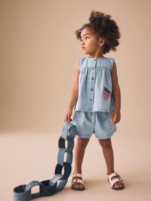 Strawberry Embroidered Denim Blouse And Short Co-ord Set (3mths-8yrs)