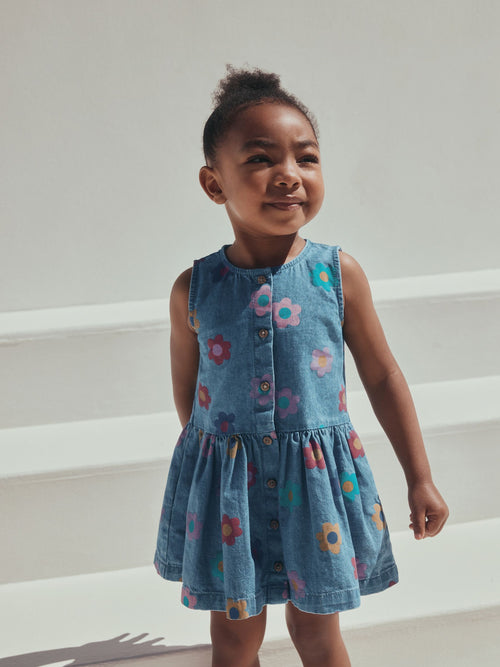 Flower Print Sleeveless Denim Dress (3mths-8yrs)
