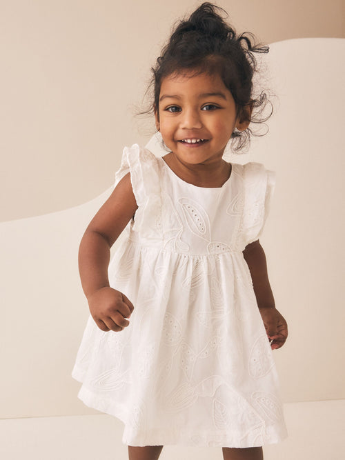 White Embroidered Linen Frill Sleeve Dress (3mths-8yrs)